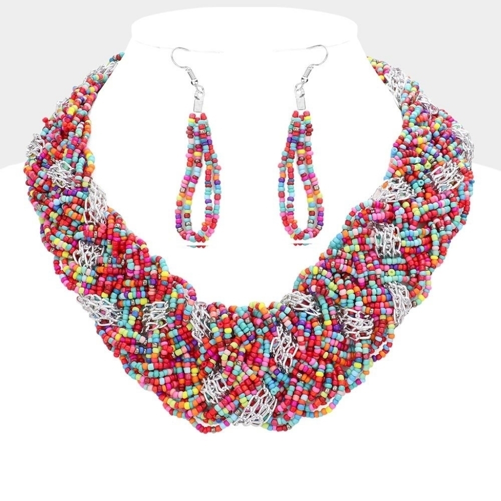 NEW Multicolor Braided Metal Chain Seed Beaded Necklace Set
